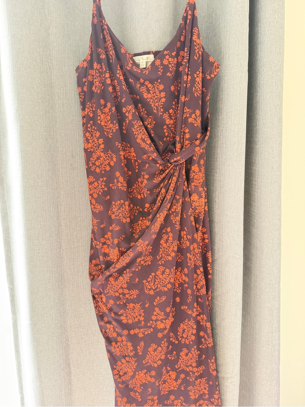 nine britton Brown Midi Dress with Orange Floral Print and Twist Detail